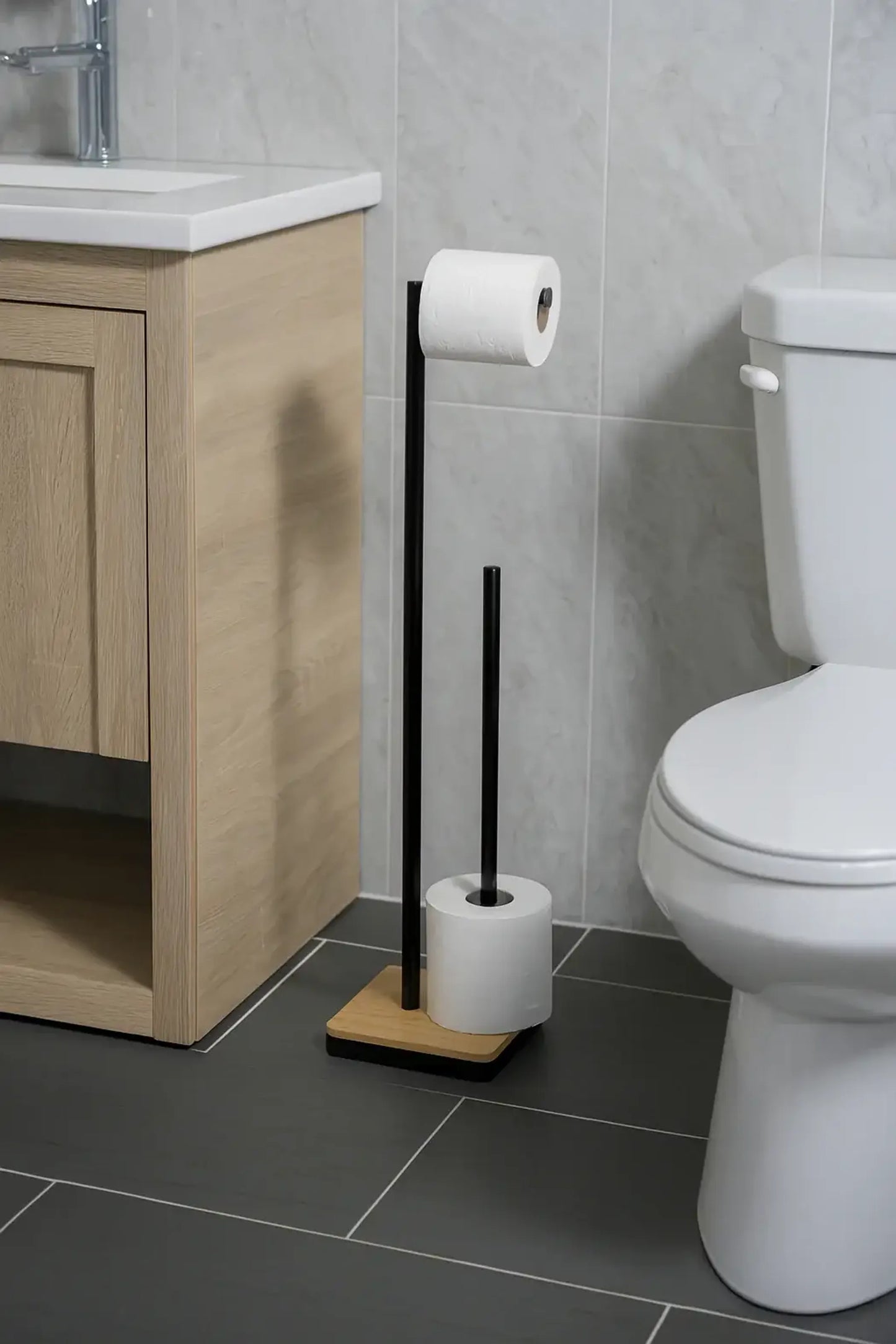 Matte Bamboo & Iron Toilet Paper Holder & Reserve