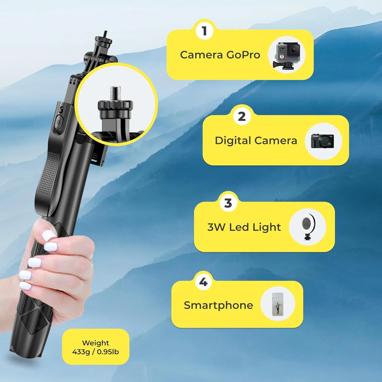 Phone Tripod 62" Selfie Stick for iPhone with Remote and 3W LED Light