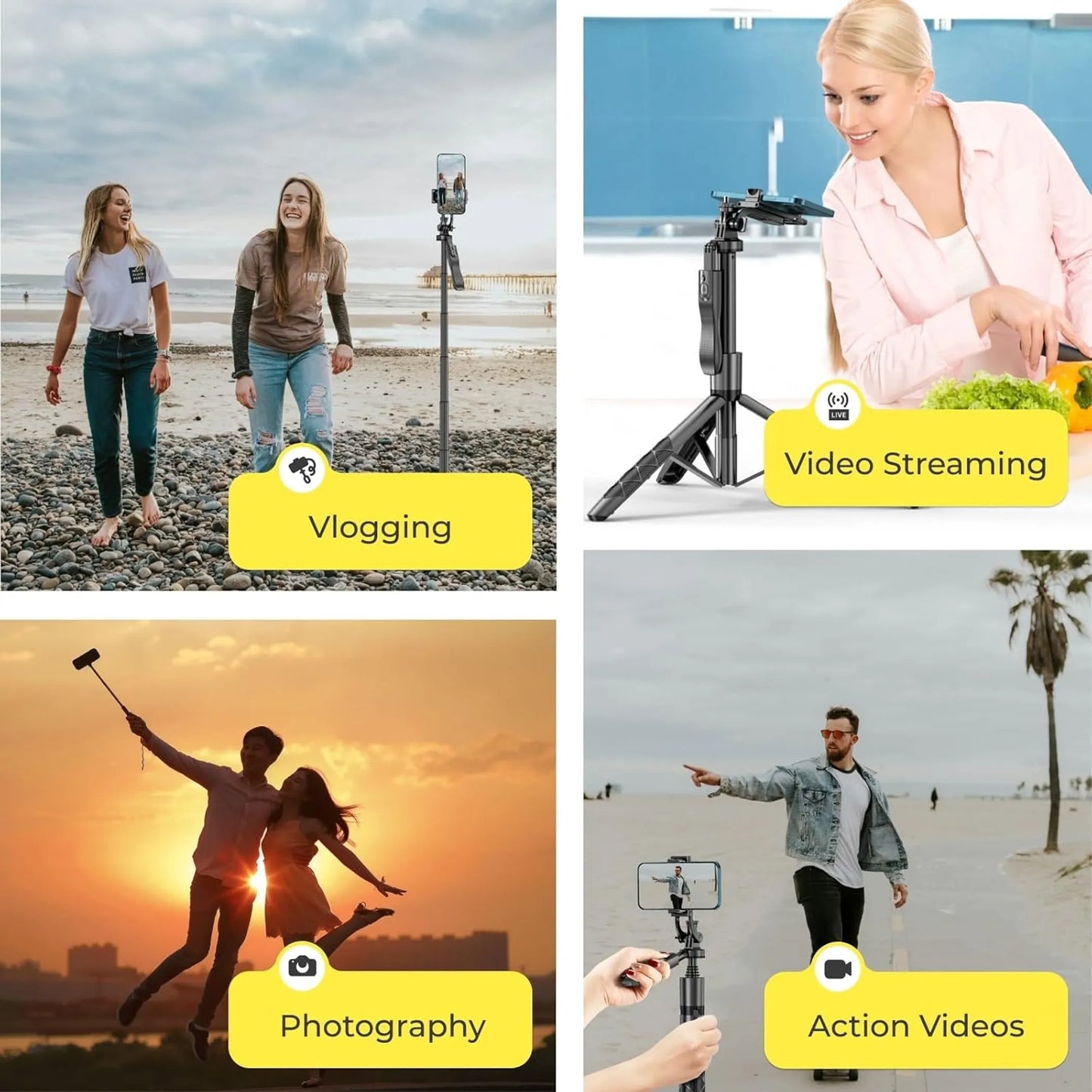 Phone Tripod 62" Selfie Stick for iPhone with Remote and 3W LED Light