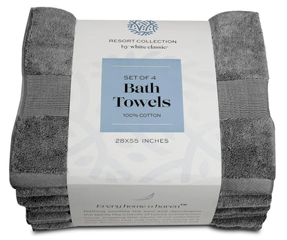 Resort Collection Soft Bath Towels 28x55 inch Luxury Hotel Plush & Absorbent Cotton Bath Towel Large 4 Pack Smoke Grey