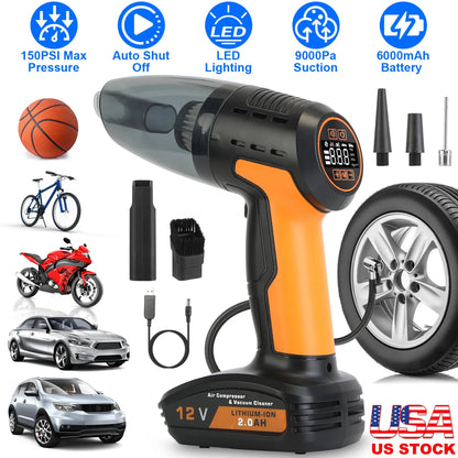 4 In 1 Cordless Car Vacuum Cleaner and Tire Inflator with LED Light