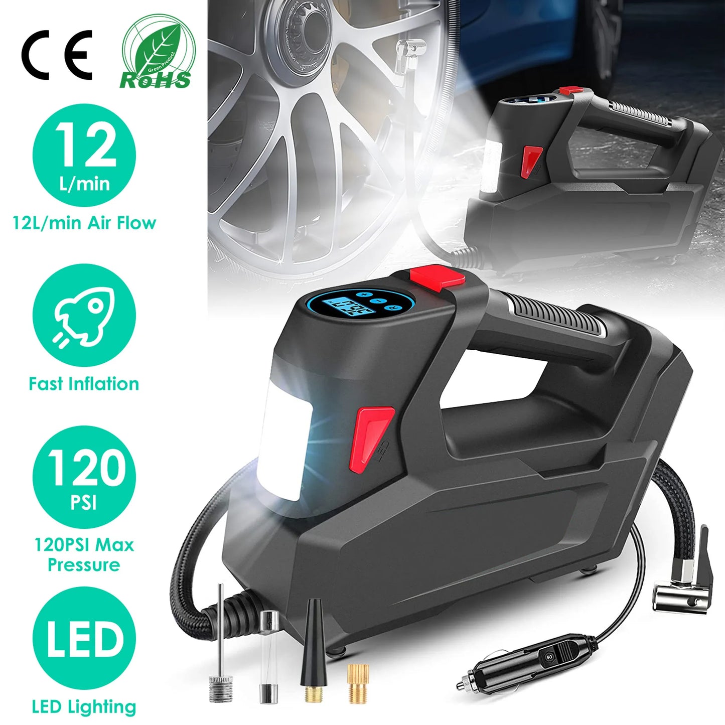 Portable Tire Inflator 120 PSI Maximum 90W Powered