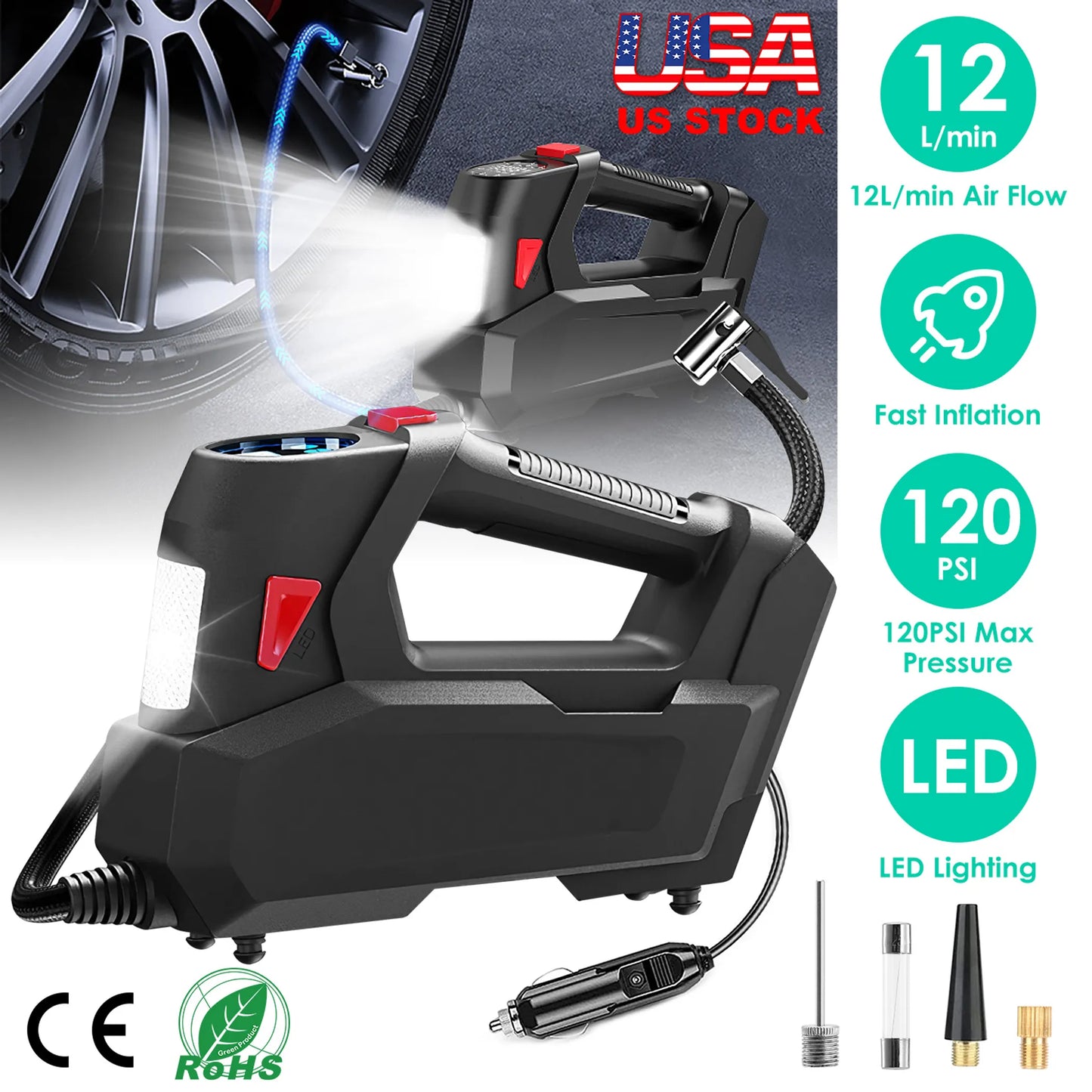 Portable Tire Inflator 120 PSI Maximum 90W Powered